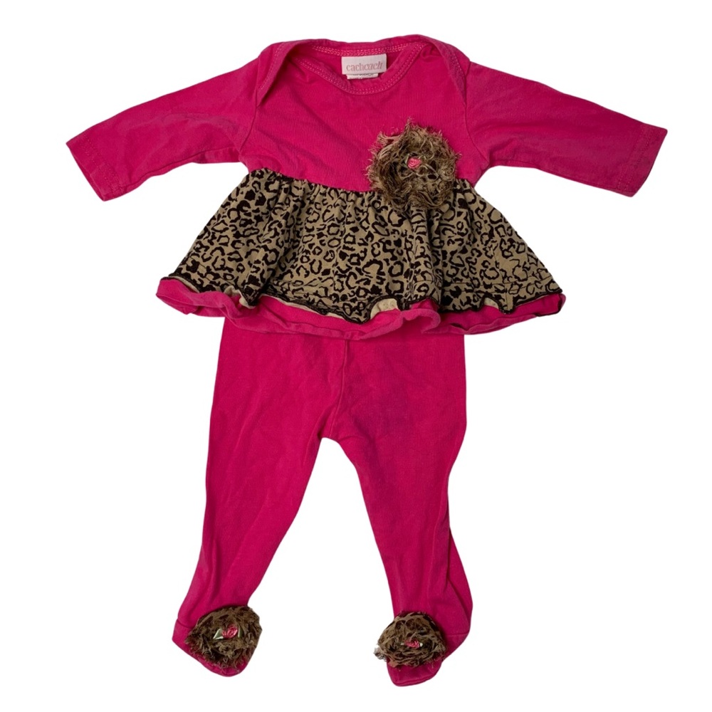 Cachcach Baby Girl’s Pink Cheetah Print Flower Footie Set Size 0-3mo